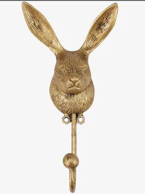 Primitive Brass-Look Rabbit Head Wall Hook in Antiqued Gold and Green Patina